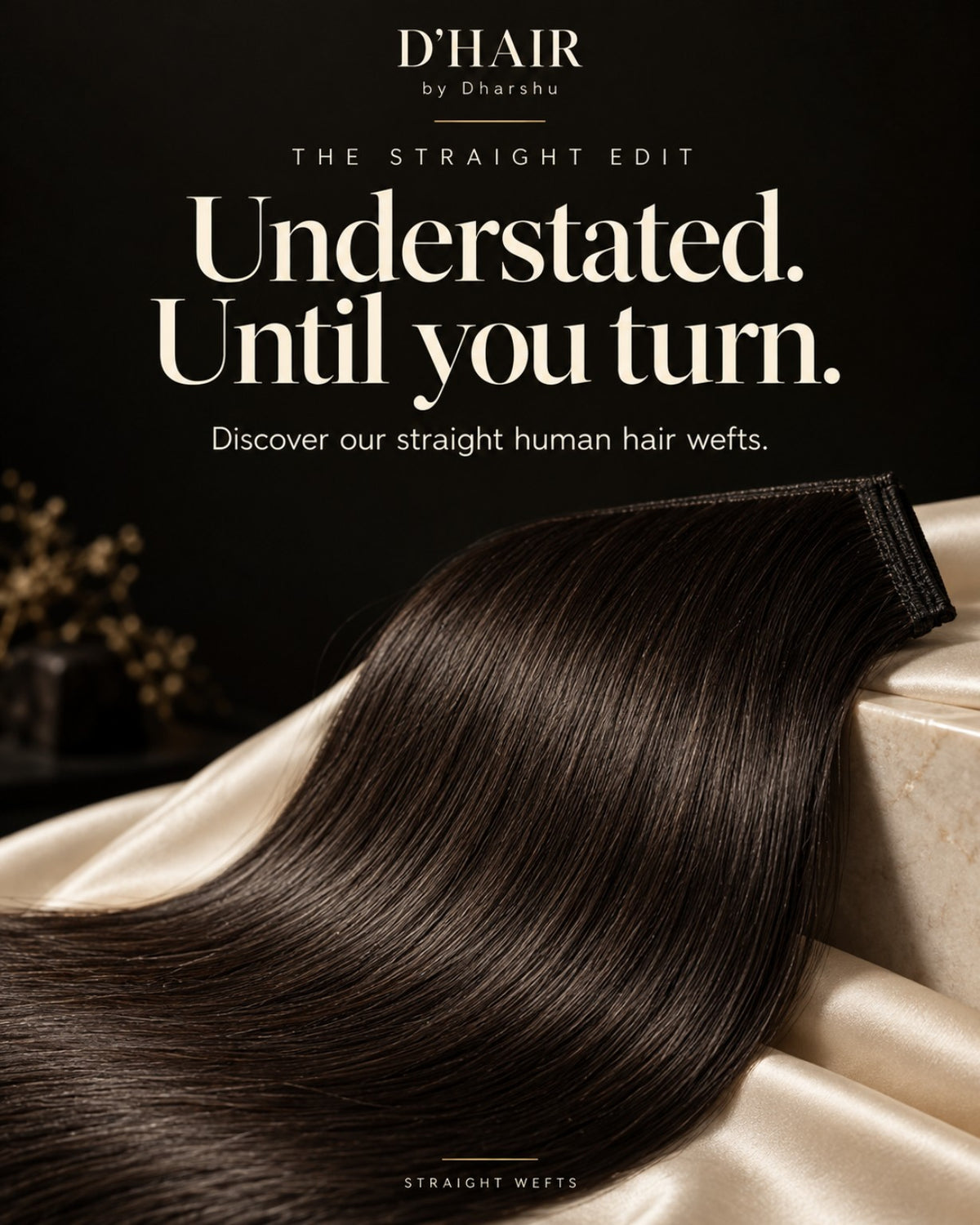 Straight human hair wefts on ivory fabric.