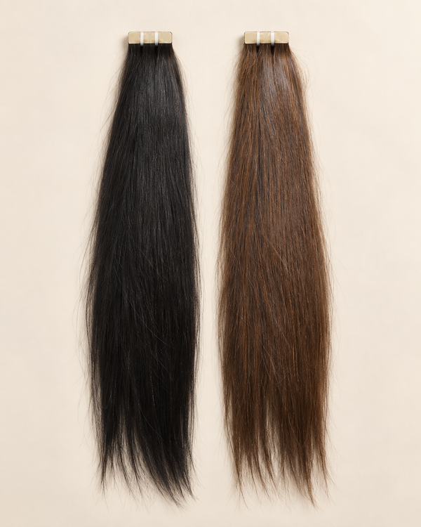 D'HAIR Natural Black and Caramel tape-in human hair extensions